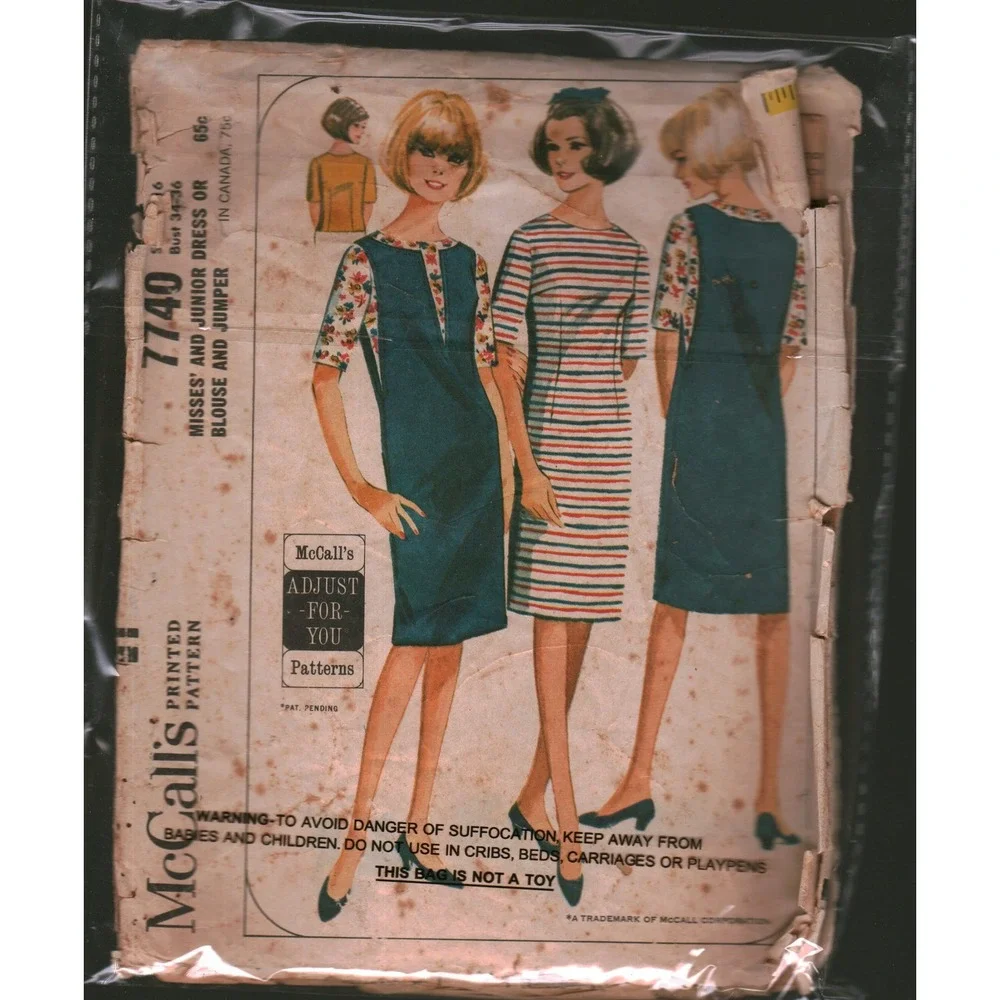 Vintage McCall's 7740 1960s Dress Blouse Jumper Sewing Pattern Bust 34-36 Mod‎